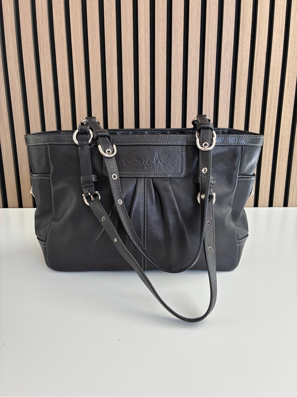 Auth COACH Pleated East West Gallery Bag